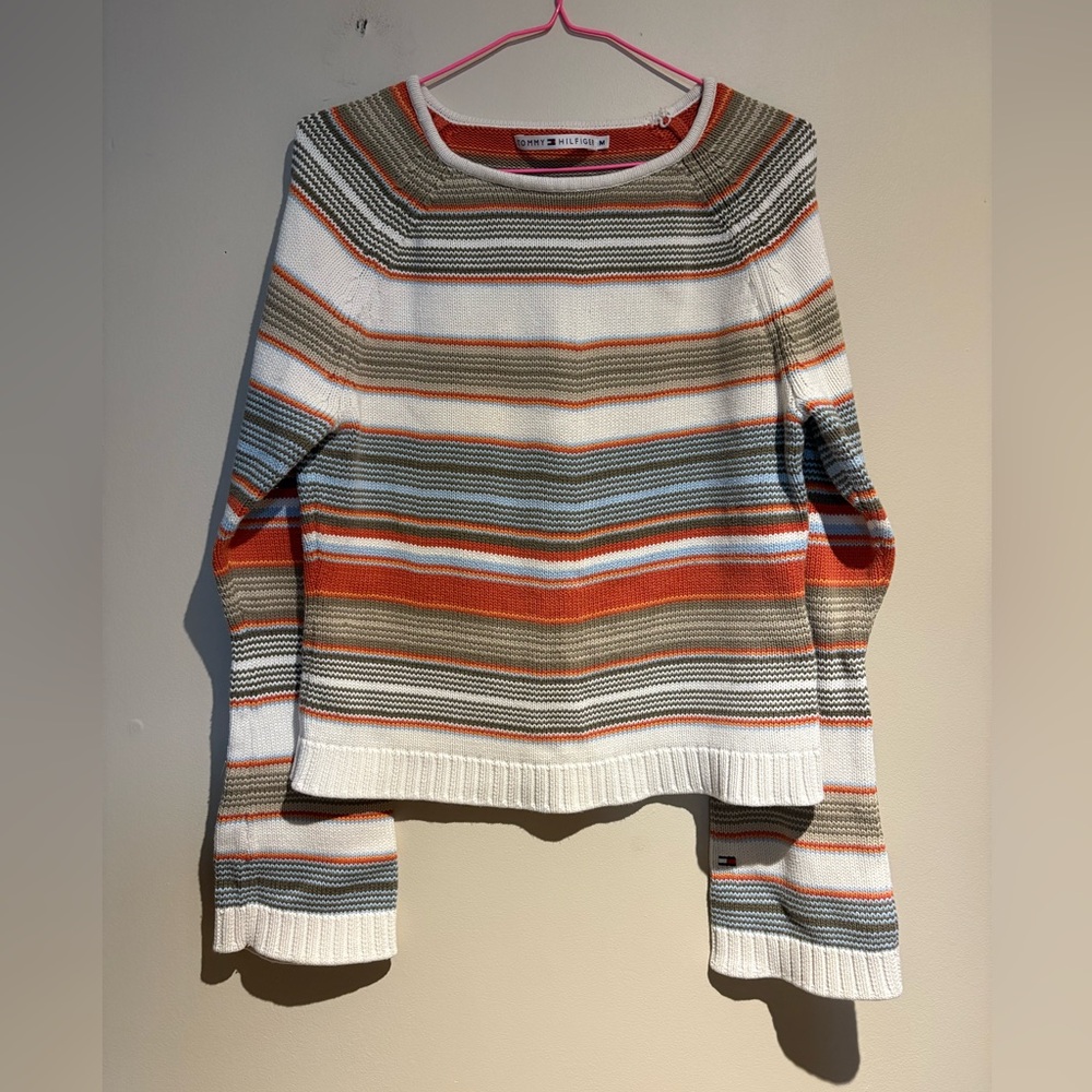 Tommy Hilfiger Women's Striped Boatneck Sweater Y2K Flare Sleeve Size Medium